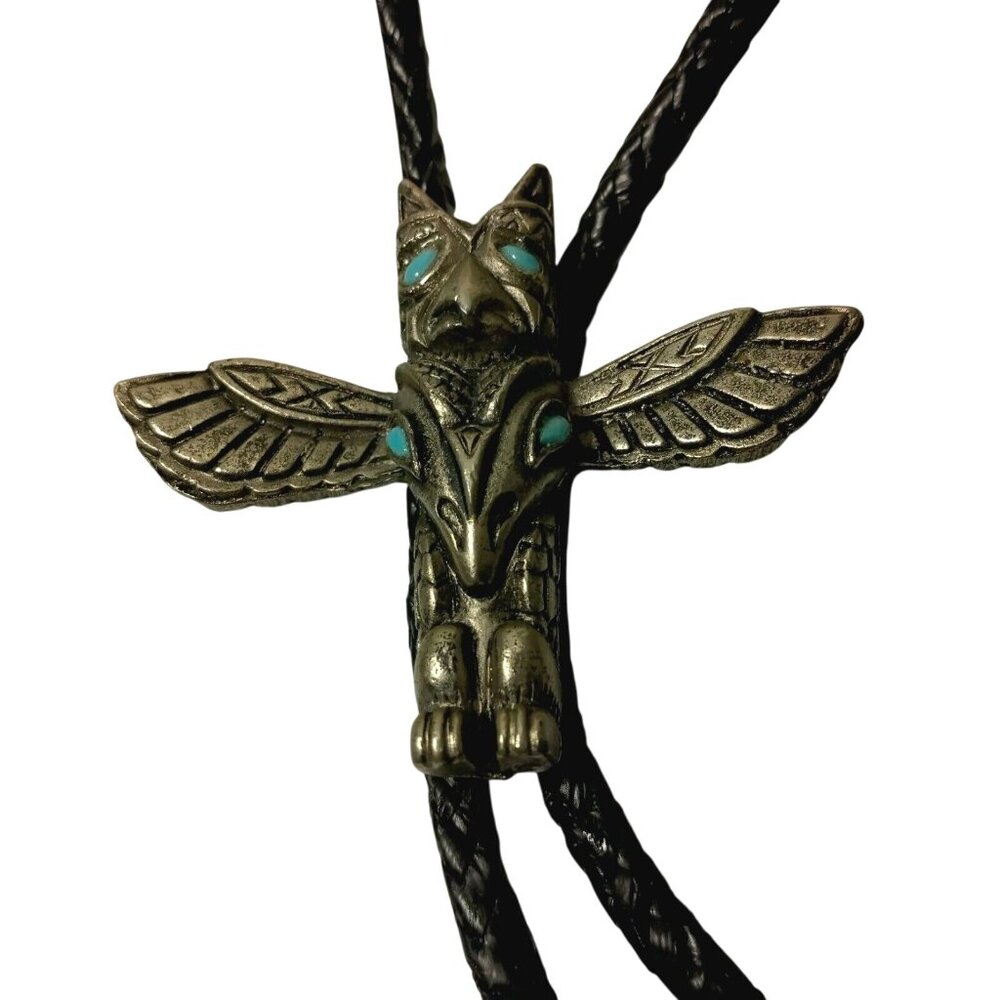 Native Bolo Tie Eagle Totum Black Cord Faux Silver Tone Unisex Neck Tie Indian